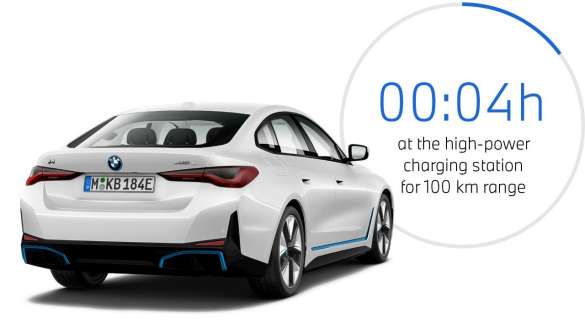 BMW i4 eDrive40 G26 2021 three-quarter rear view with graph on charging time BMW i4 eDrive40 G26 2021 three-quarter rear view with graph on charging time