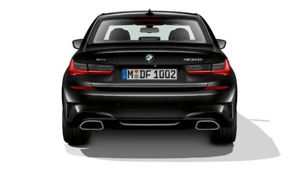 Exclusive tailpipe trims BMW M340i xDrive Sedan Exclusive tailpipe trims BMW M340i xDrive Sedan G20 Sapphire Black metallic rear view