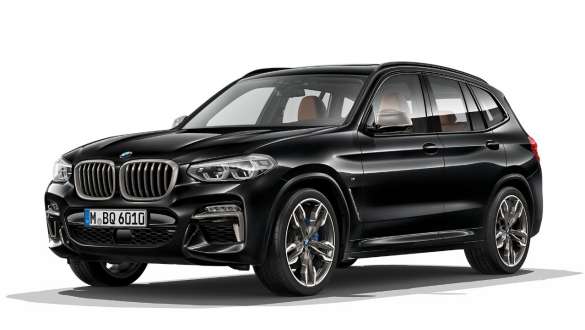 BMW X3 M40i three-quarter front view. BMW X3 M40i in Black Sapphire metallic, exterior, three-quarter front view.