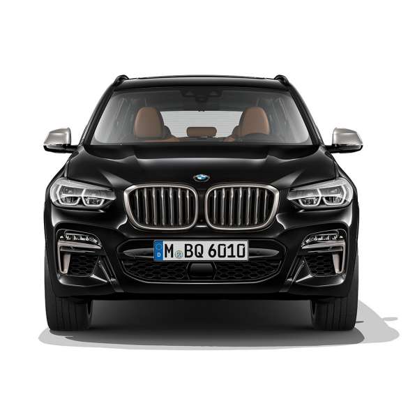 BMW X3 M40i front view. BMW X3 M40i in Black Sapphire metallic, exterior, front view.