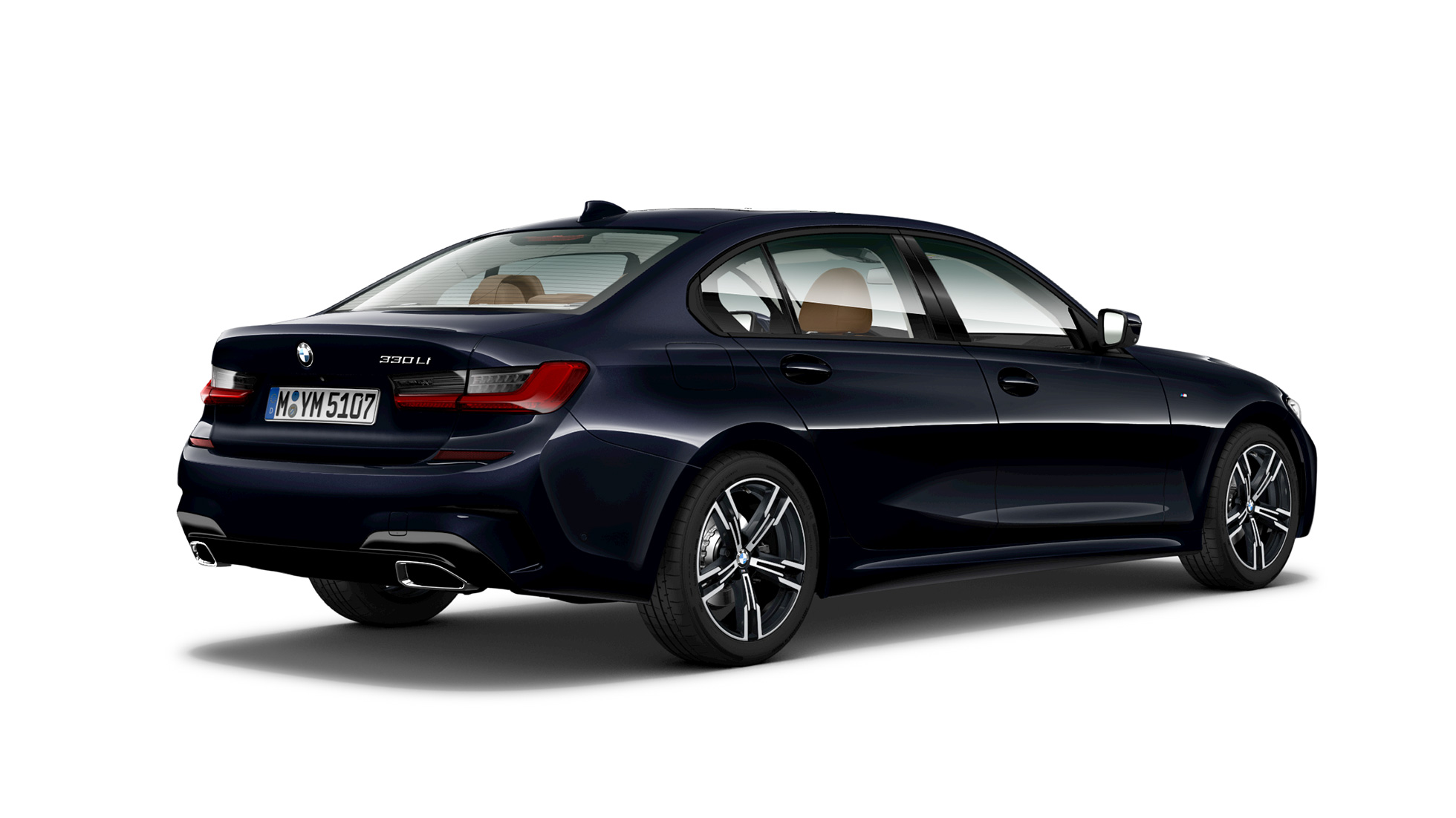BMW 3 Series Sedan long-wheelbase G28 2021 M Sport package Carbon Black metallic three-quarter rear view BMW 3 Series Sedan long-wheelbase G28 2021 M Sport package Carbon Black metallic three-quarter rear view