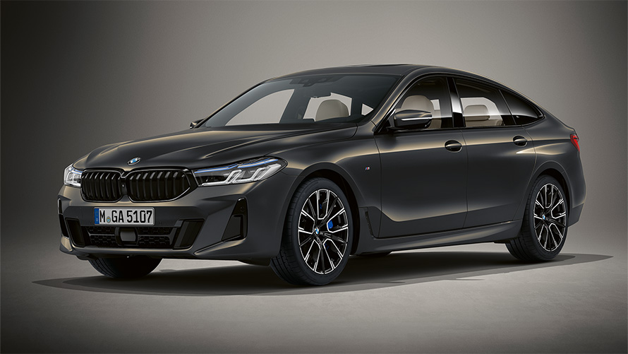 BMW Individual paint finish Dravit Grey metallic BMW 6 Series Gran Turismo G32 2020 three-quarter front view standing