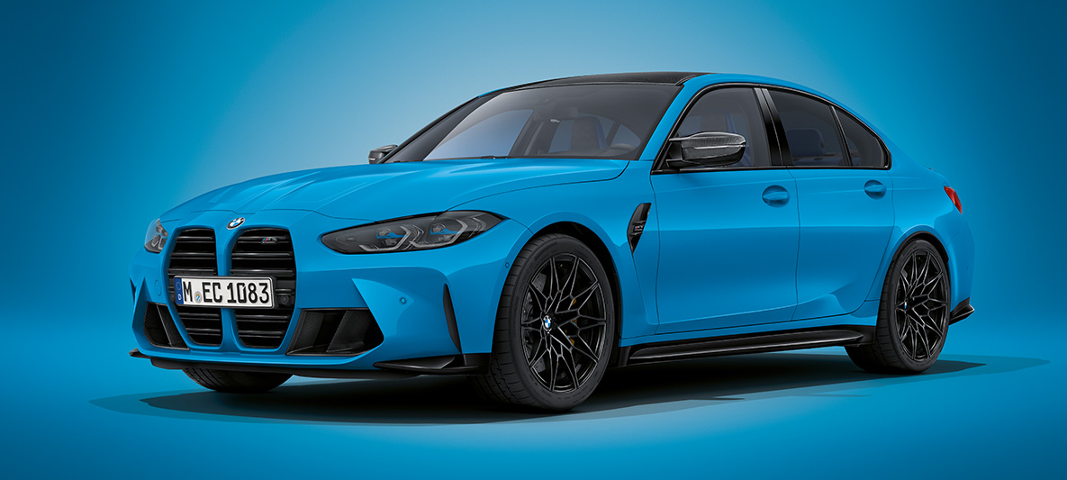 BMW M3 Sedan BMW Individual Mexico Blue metallic G80 2021 three-quarter front view standing BMW M3 Sedan BMW Individual Mexico Blue metallic G80 2021 three-quarter front view standing