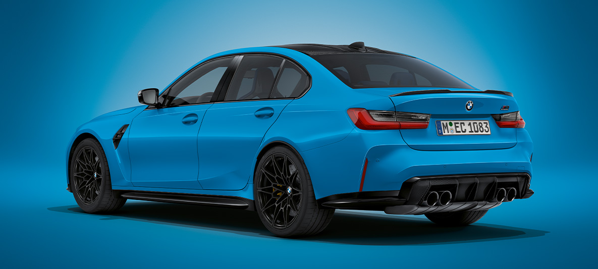 BMW M3 Sedan BMW Individual Mexico Blue metallic G80 2021 three-quarter rear view standing BMW M3 Sedan BMW Individual Mexico Blue metallic G80 2021 three-quarter rear view standing