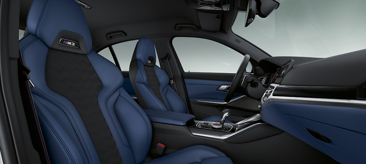 BMW Individual Interior trims piano finish Black BMW M3 Sedan G80 2020 interior BMW Individual Interior trims piano finish Black with highlight trim finisher Pearl Chrome BMW M3 Sedan G80 2020 interior