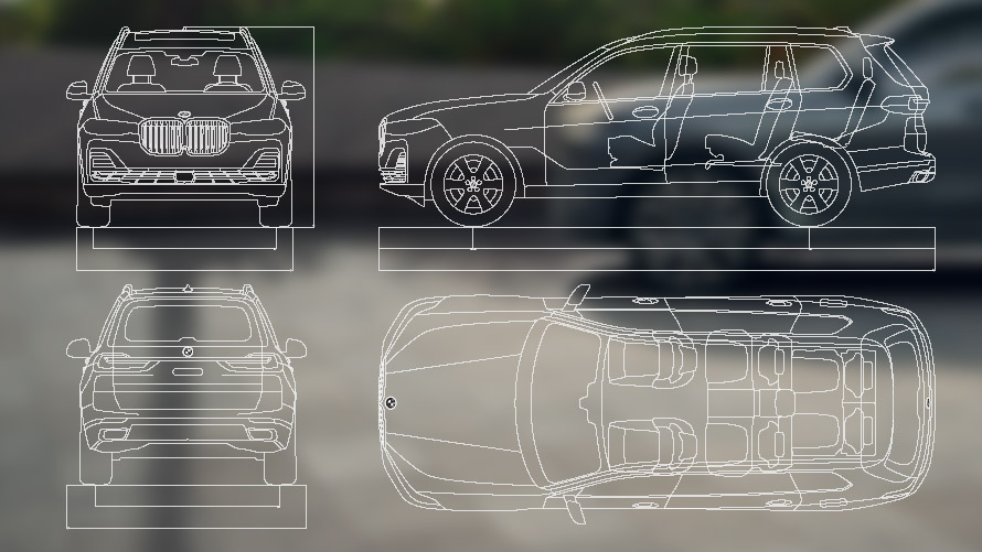 Dimensional drawings BMW X7 G07 LCI Dimensional drawings Front Side Rear Top View BMW X7 G07 LCI
