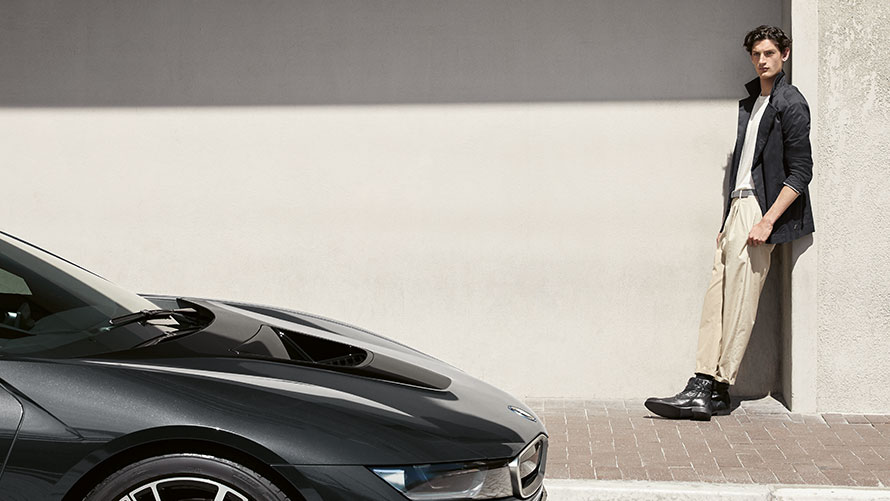 Man in BMW i Collection jacket. Man in BMW i Collection jacket.