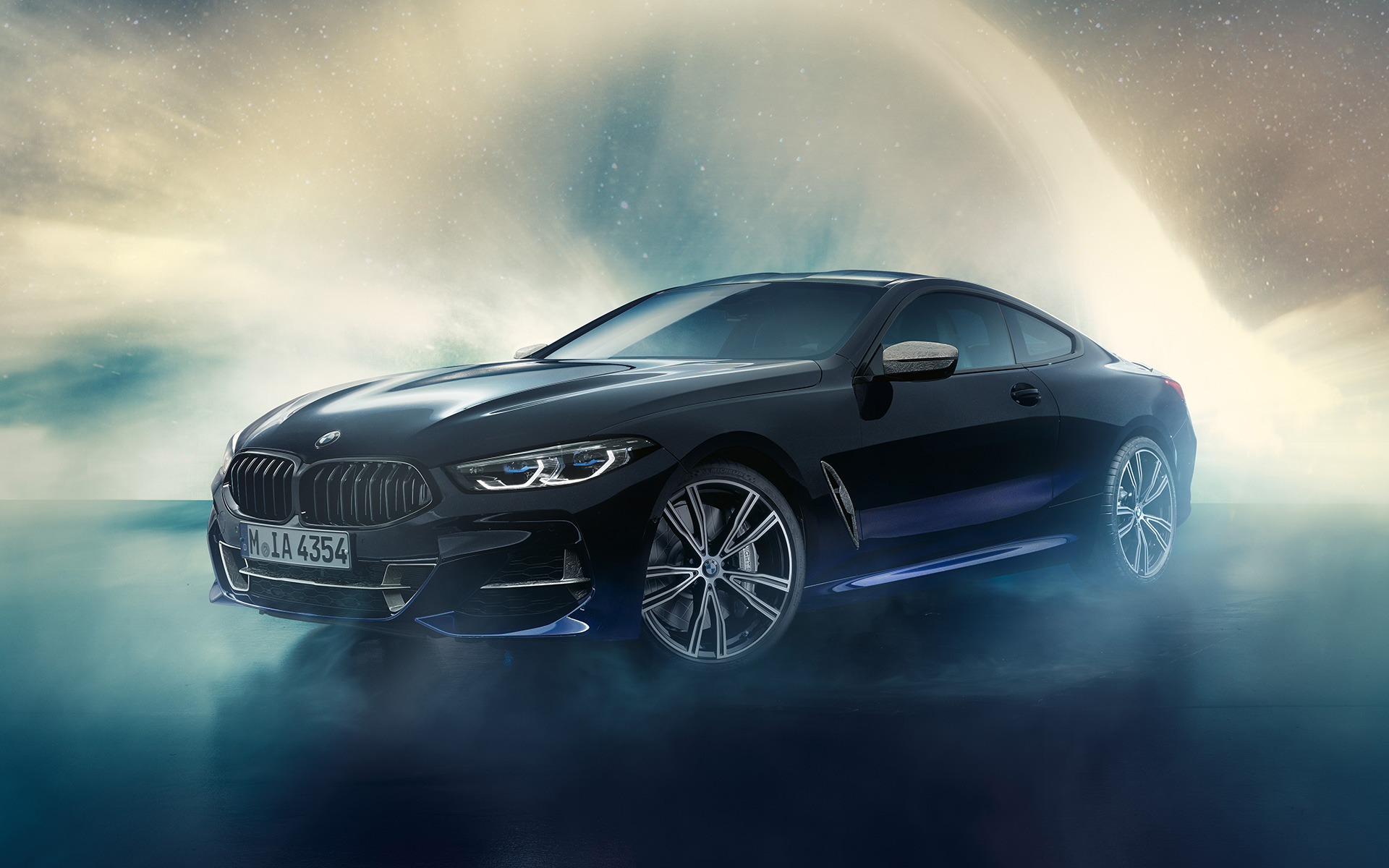 BMW Individual M850i NIGHT SKY G15 2019 three-quarter front view in front of meteor shower BMW Individual M850i NIGHT SKY G15 2019 three-quarter front view in front of meteor shower