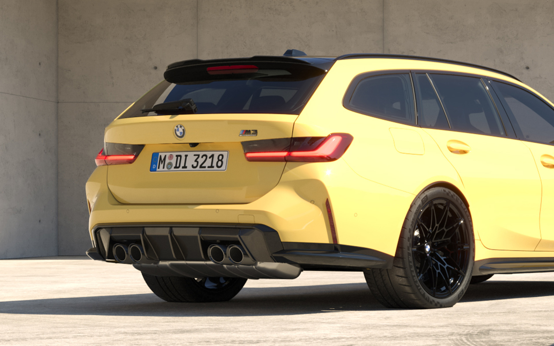BMW M3 Competition M xDrive Touring G81 2022 BMW Individual Dakar Yellow three-quarter rear view BMW M3 Competition M xDrive Touring G81 2022 BMW Individual Dakar Yellow three-quarter rear view standing in section