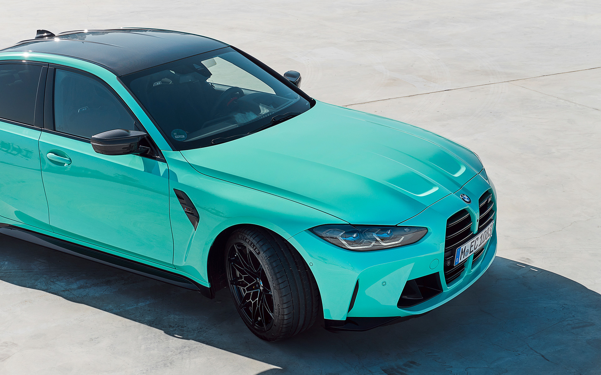 BMW M3 Sedan G80 2021 BMW Individual Mint Green three-quarter side view BMW M3 Sedan G80 2021 BMW Individual Mint Green three-quarter side view standing with top view in section