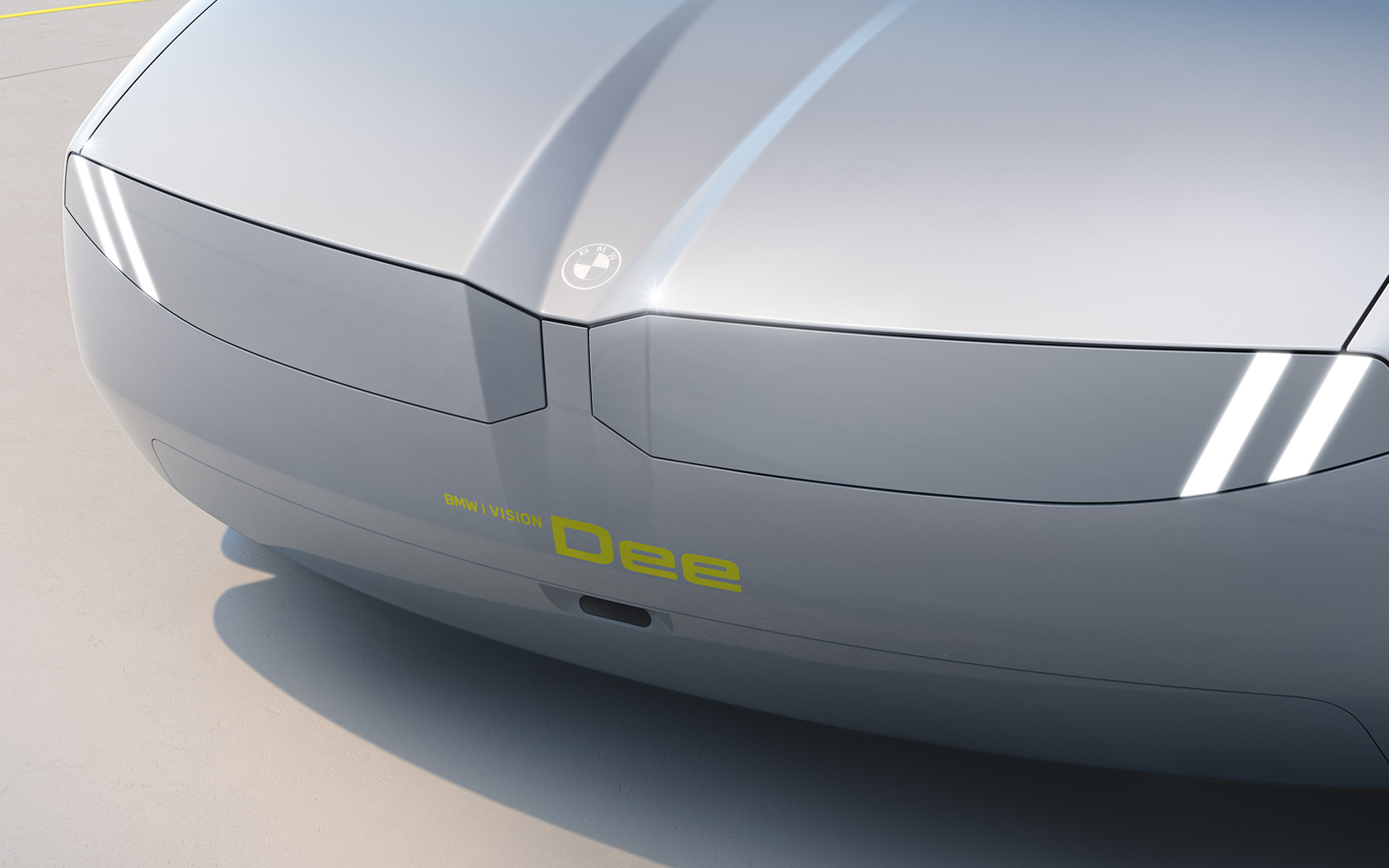 BMW i Vision Dee Vision vehicle exterior design front view Headlights and BMW kidney form a uniform graphic surface.