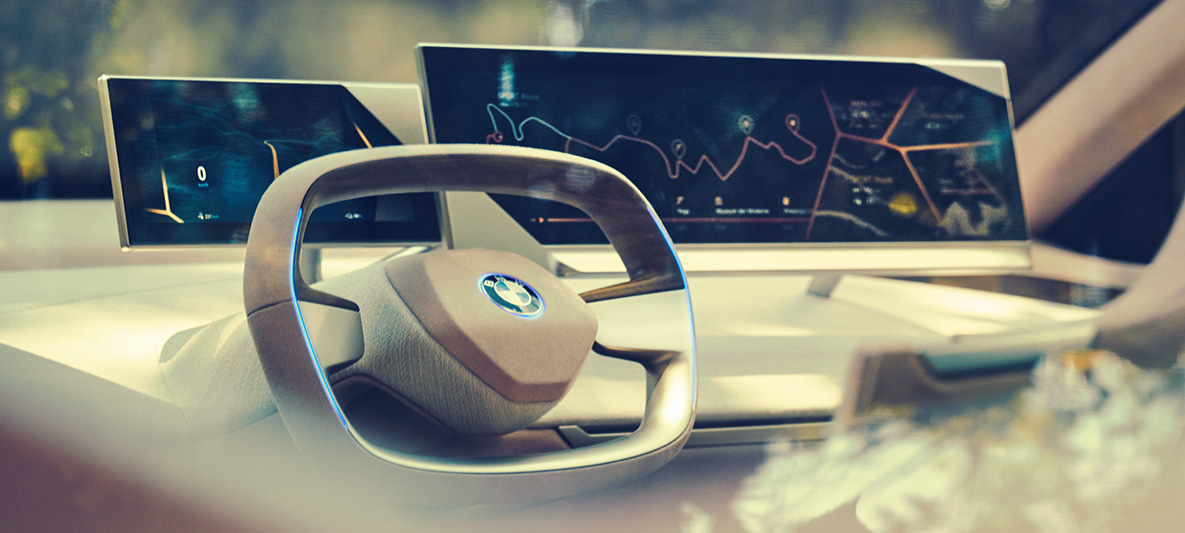 Interior of the BMW Vision iNEXT Interior of the BMW Vision iNEXT with steering wheel and dashboard