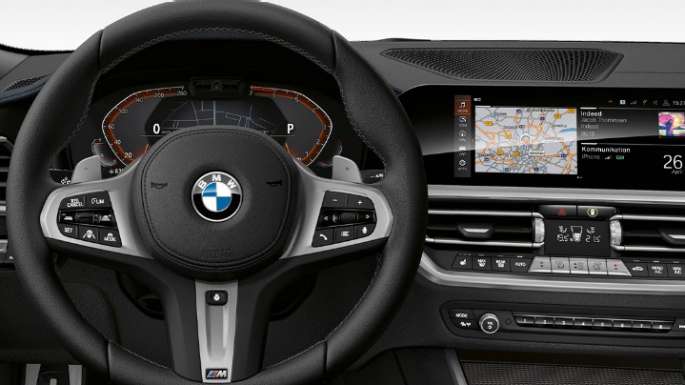 BMW 3 Series Sedan, Model M Sport Cockpit. Frontal close-up of the driver's cockpit of the BMW 3 Series Sedan with Model M Sport features.