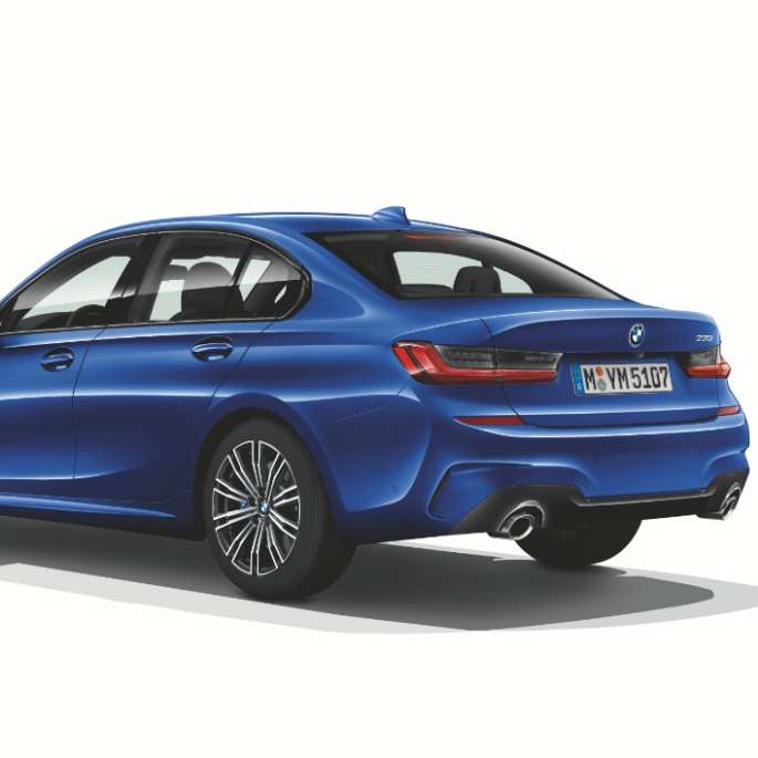 BMW 3 Series Sedan, Model M Sport rear. Three-quarter rear shot of the BMW 3 Series Sedan with Model M Sport features.