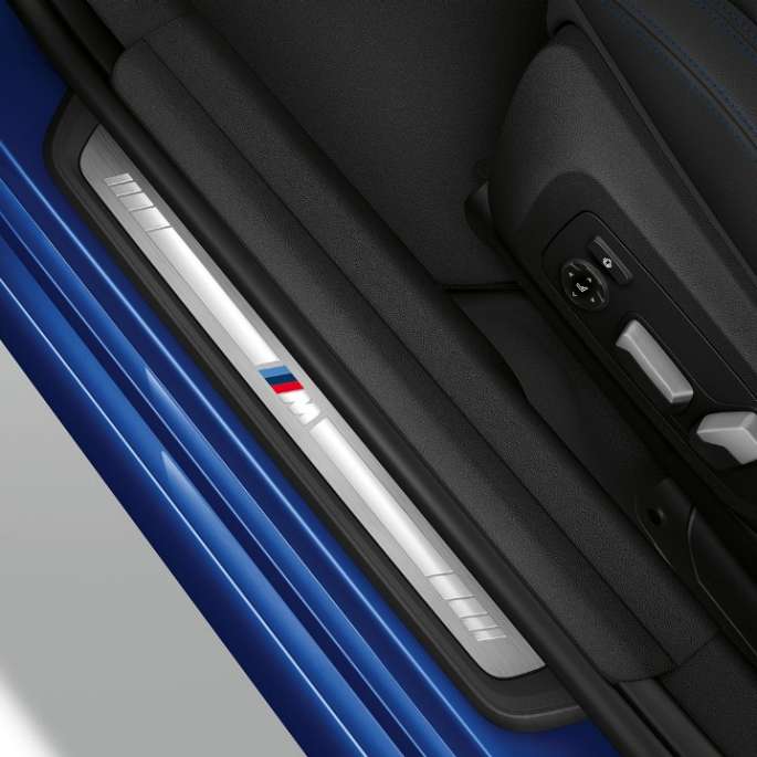 BMW 3 Series Sedan, Model M Sport entry sill. Top view of the door sill of the BMW 3 Series Sedan with Model M Sport features.
