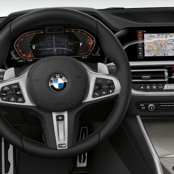 BMW 3 Series Sedan, Model Sport Line Cockpit. Frontal close-up of the driver's cockpit of the BMW 3 Series Sedan with Model Sport Line features.